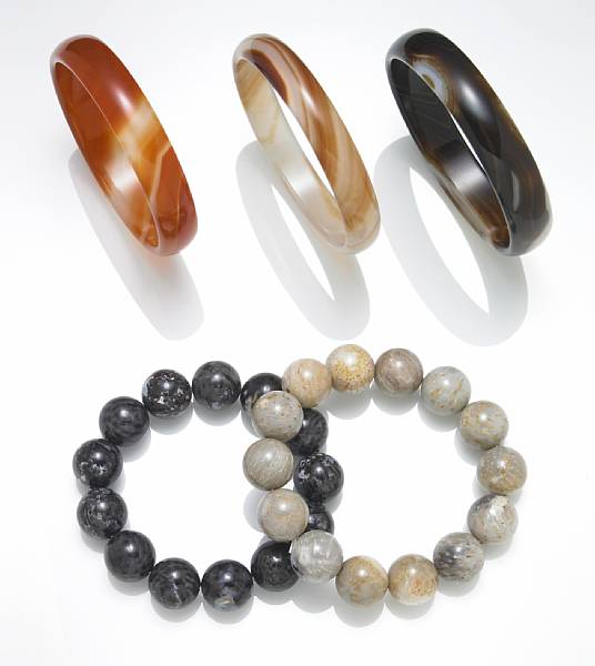 Appraisal: Suite of Three Banded Agate Hololith Bracelets Brazil The first