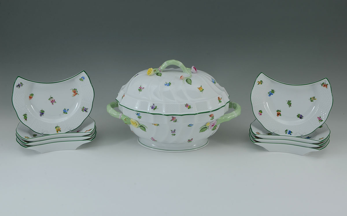 Appraisal: HEREND KIMBERLY TUREEN AND CRESCENT PLATES pieces total in the