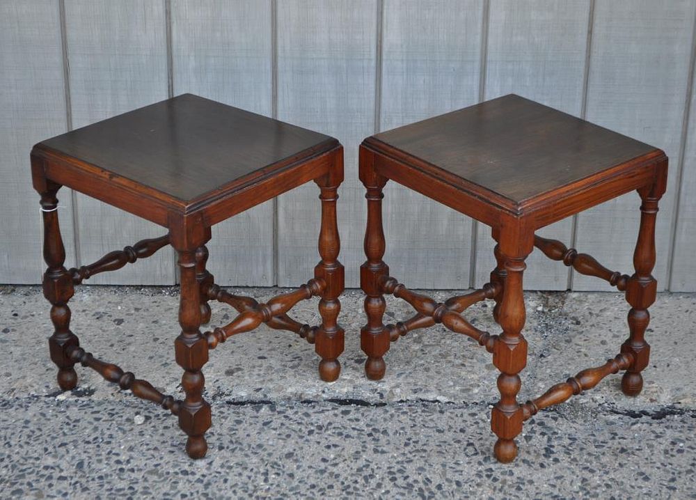 Appraisal: Pair Wm Mary Style End Tables with inset wooden tops