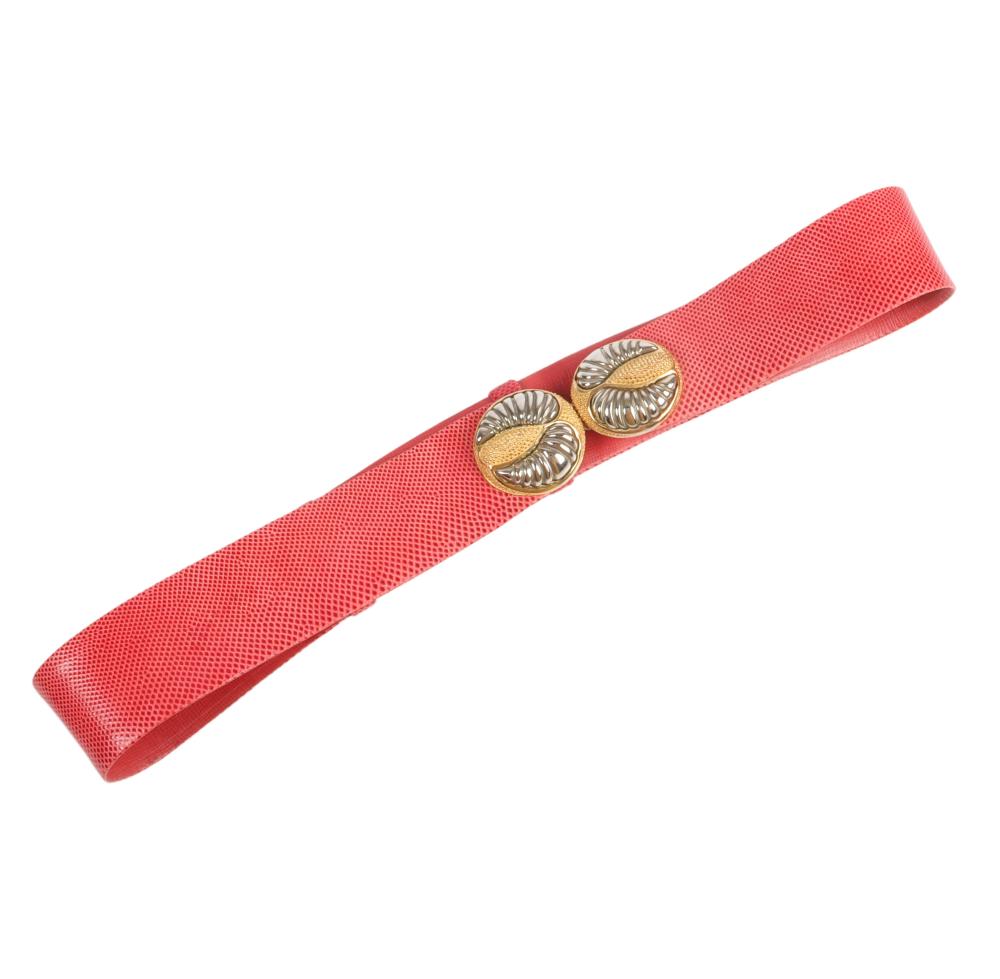 Appraisal: JUDITH LEIBER DESIGNER RED EMBOSSED LEATHER BELT AND BUCKLE WITH