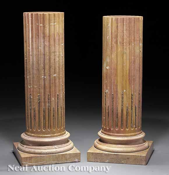 Appraisal: A Pair of Classical-Style Bronze-Mounted Rouge Marble Pedestals cylindrical form