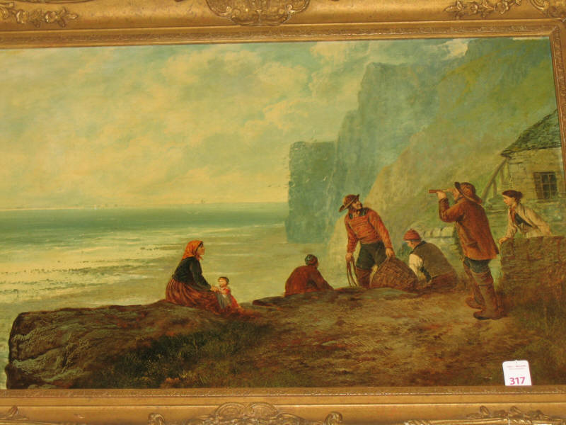 Appraisal: ENGLISH SCHOOL LATE TH CENTURY Coastal Landscape with Fishermen and