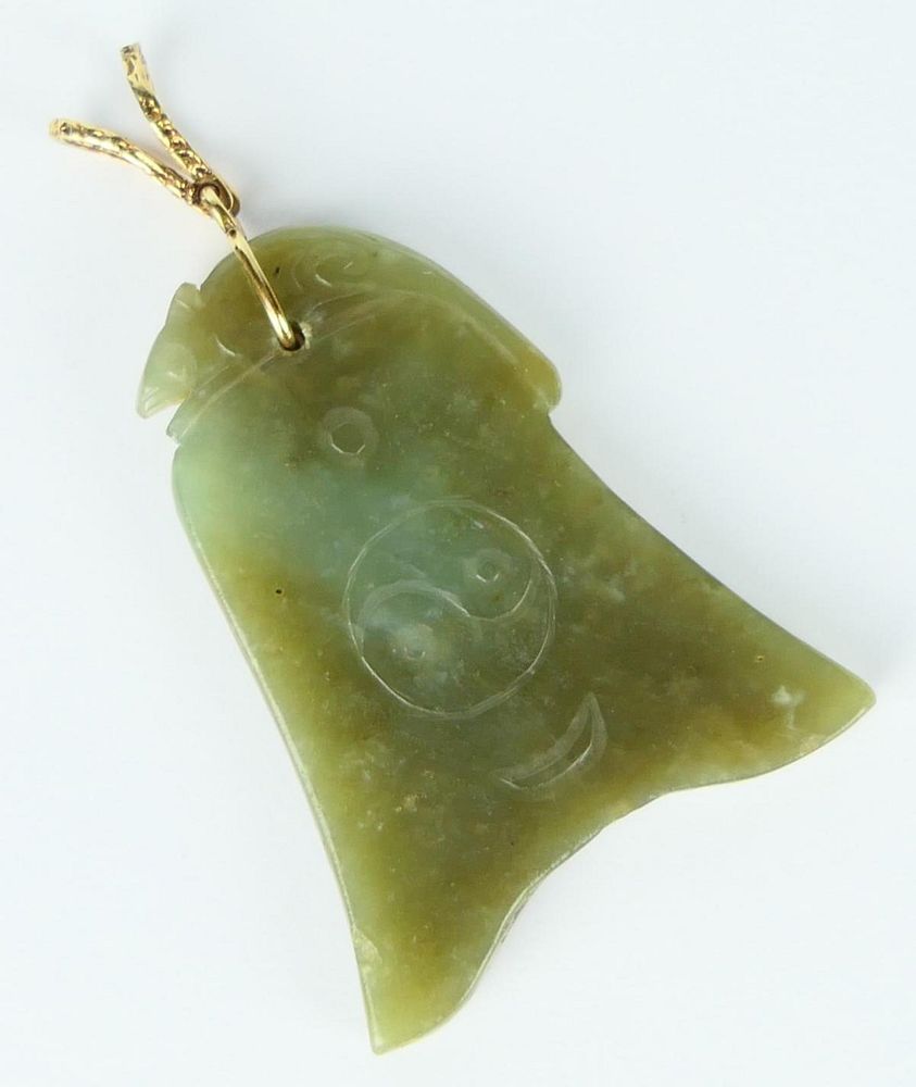 Appraisal: Vtg CHINESE K YG GREEN JADE CARVED BELL PENDANT Vintage