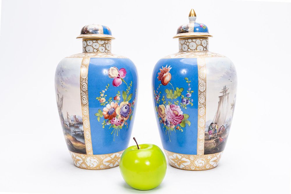 Appraisal: Pair th C German Carl Thieme Porcelain Urns Late th