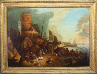 Appraisal: Large Old Master Harbor Scene w Figures th C Large