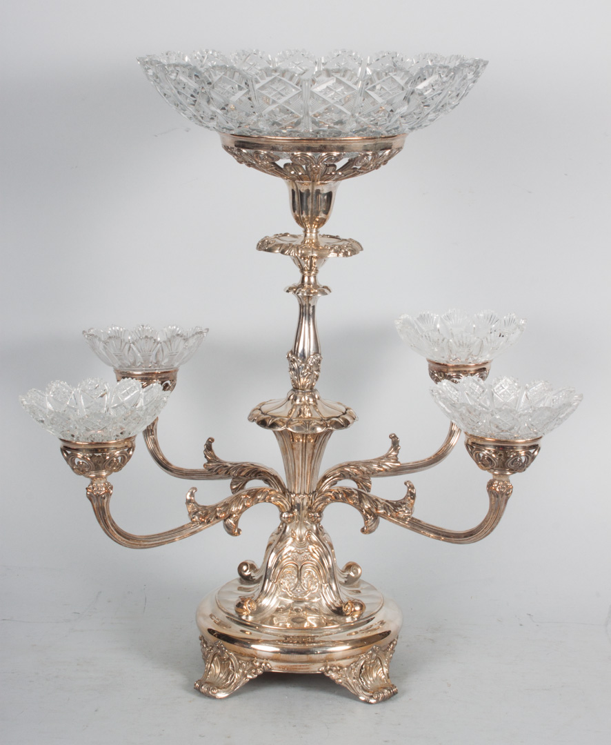 Appraisal: Sheffield silver-plated and cut glass epergne larger centerbowl with four