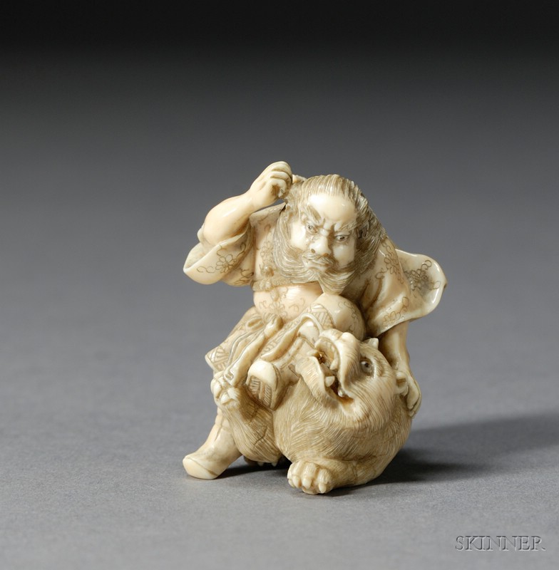 Appraisal: Ivory Netsuke th century figure of a warrior fighting a