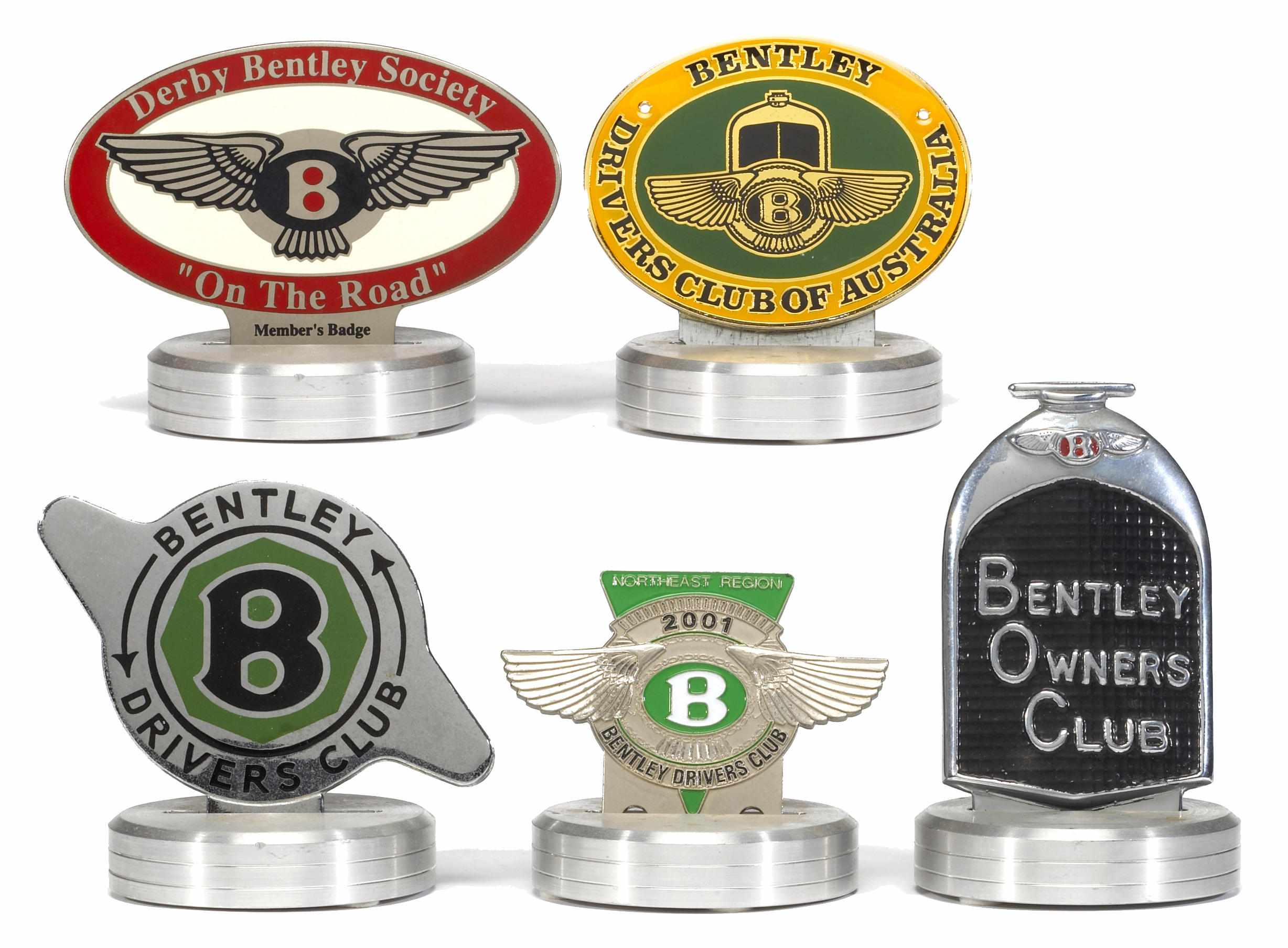 Appraisal: An assortment of Bentley Drivers Club badges comprised of badges