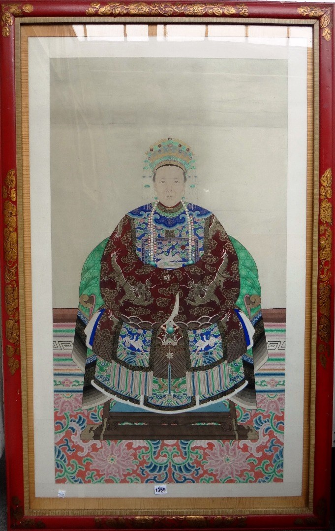 Appraisal: A Chinese ancestor portrait th century gouache and gilding on