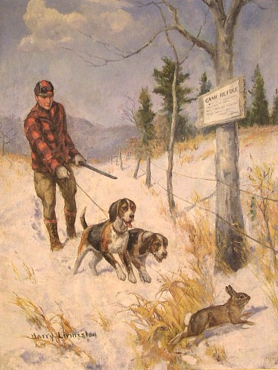 Appraisal: Harry Livingston oil on canvas illustration of a man hunting