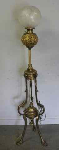 Appraisal: Victorian Brass Floor Lamp with Etched Glass ShadeFrom a NYC