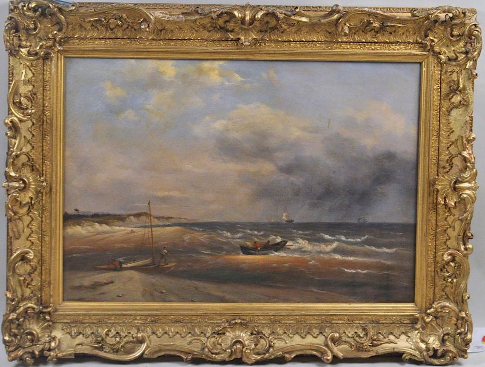 Appraisal: Framed O C Continental Marine Beach Scene unsigned depicting men