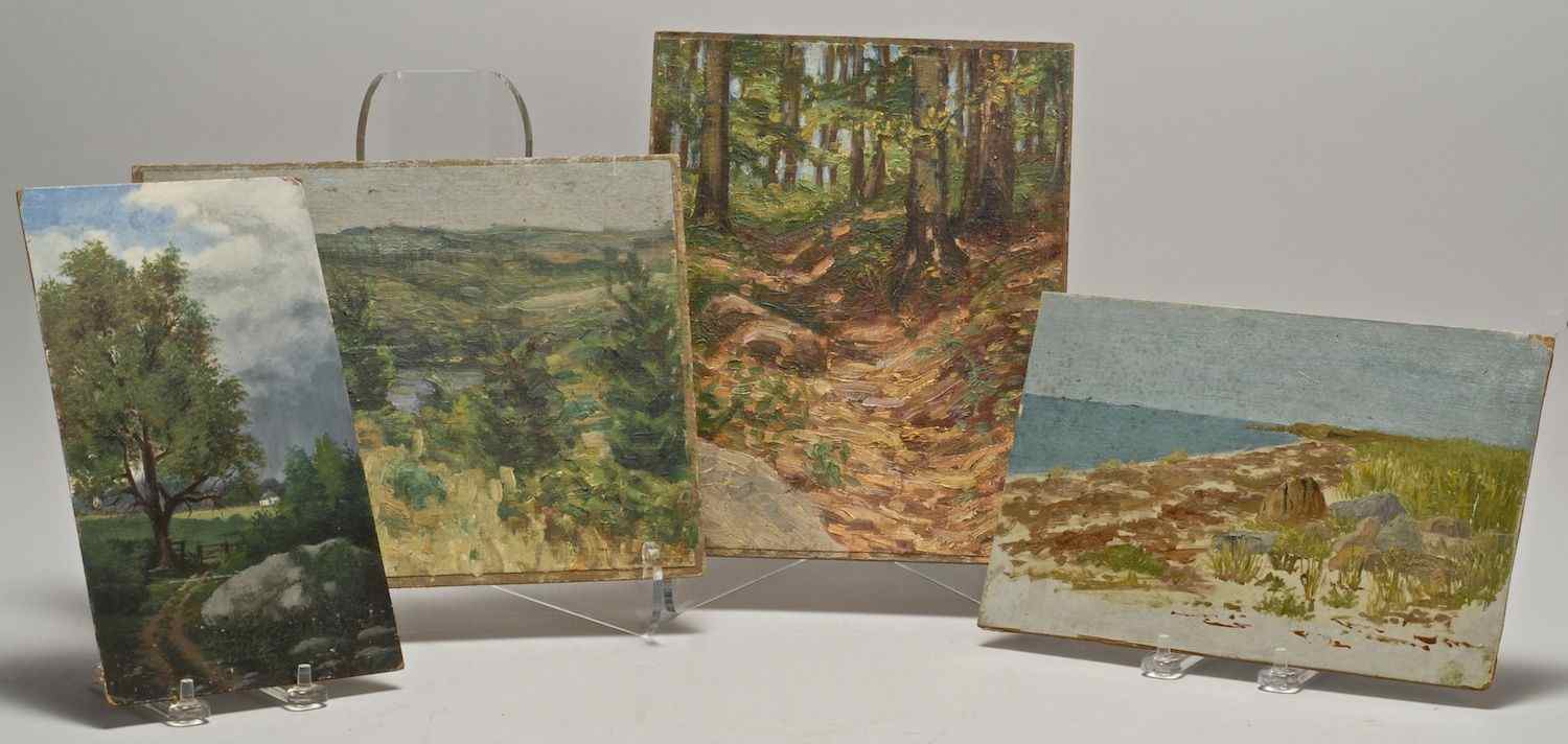 Appraisal: FOUR LANDSCAPE STUDIESAmerican Early th Century Impressionist landscape looking down