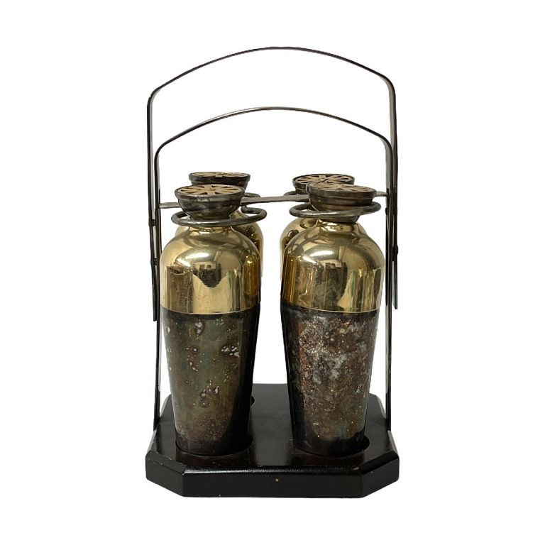 Appraisal: Antique Set of Cocktail Shakers Steel plated with wood base