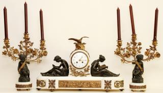 Appraisal: SAMUEL MARTI FRENCH MARBLE BRONZE FIGURAL CLOCK GARNITURE TH C