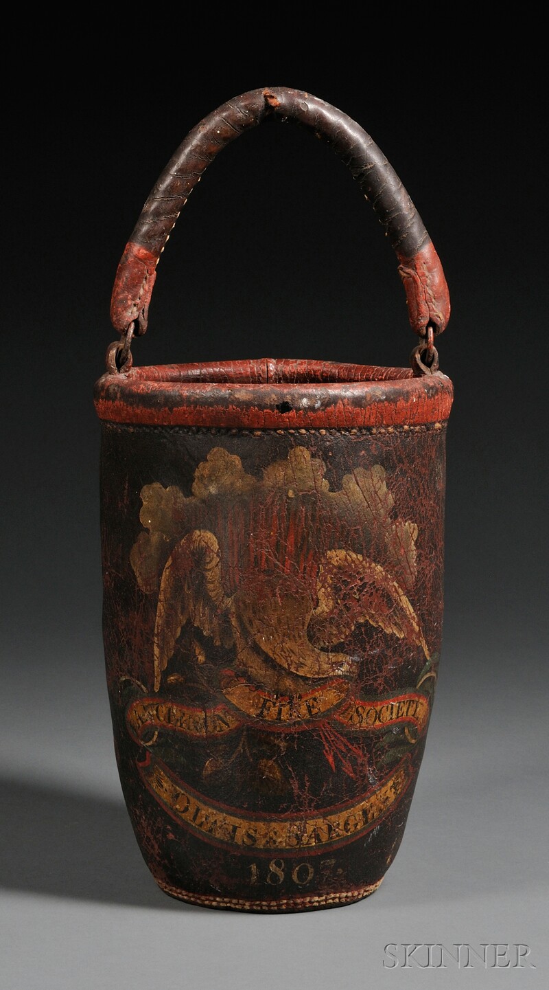 Appraisal: Polychrome Paint-decorated Leather Fire Bucket Ancient Fire Society Charlestown Massachusetts