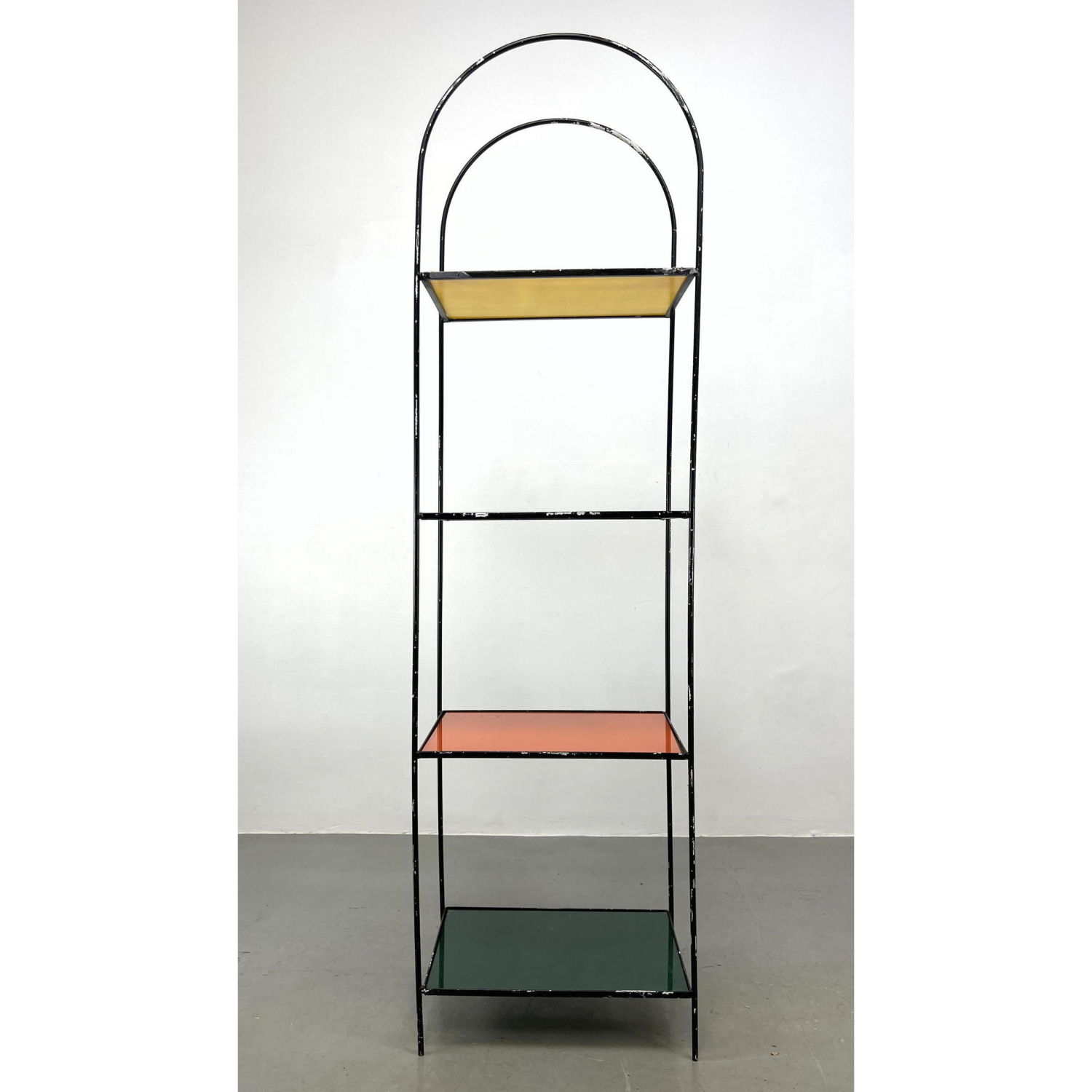 Appraisal: Weinberg Black Painted Iron Shelf Unit Etagere Colorful Yellow turquoise