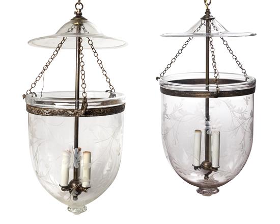 Appraisal: Sale Lot A Pair of Etched Glass Three-Light Hall Lanterns