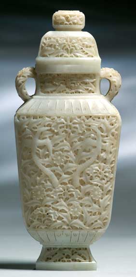 Appraisal: LARGE RETICULATED JADE VASE Large superbly carved and finely hollowed