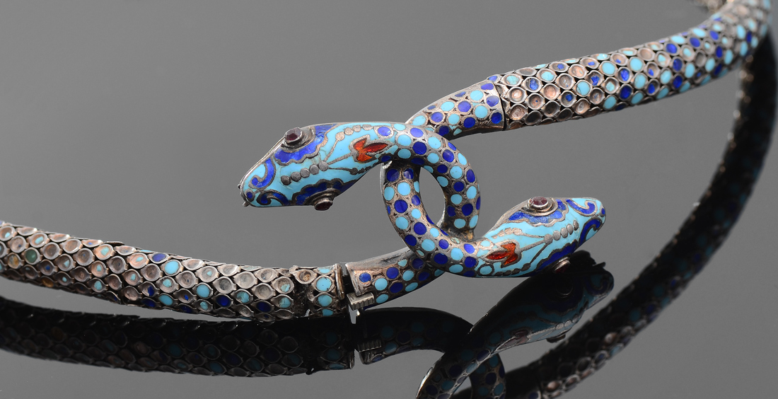 Appraisal: ENAMEL STERLING SILVER SNAKE NECKLACE Slightly articulating necklace with Interlocking