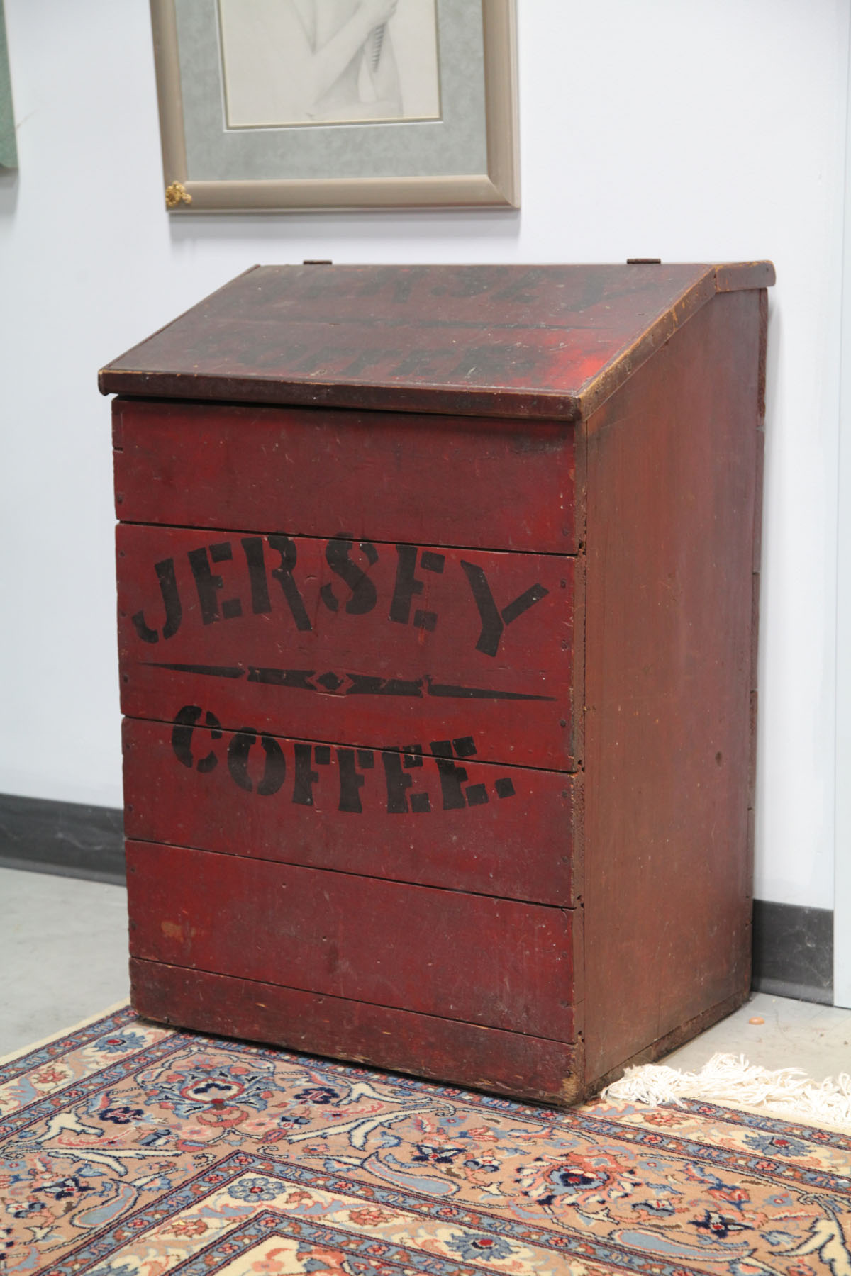 Appraisal: JERSEY COFFEE BIN Ohio late th century Red painted bin