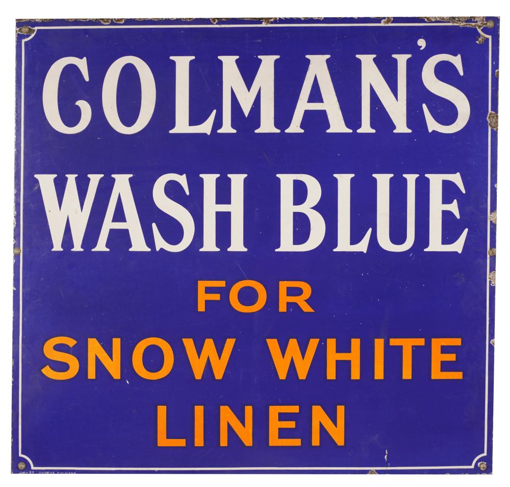 Appraisal: COLMAN'S WASH BLUE ADVERTISING SIGNenameled metal Condition with wear to