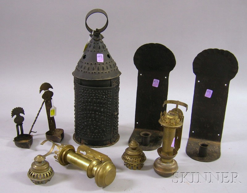 Appraisal: Six Pieces of Assorted Metal Lighting a black-painted punched tin