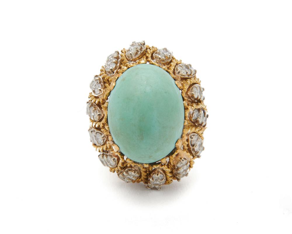 Appraisal: K Gold Turquoise and Diamond Ring centering an oval cabochon