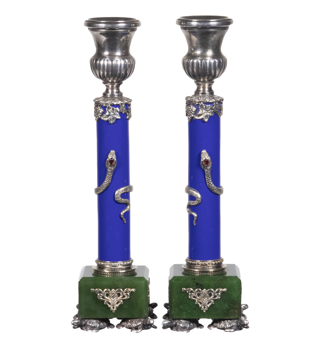 Appraisal: PR RUSSIAN SILVER LAPIS JADE CANDLESTICKS -Silver Mounted Candleholders with