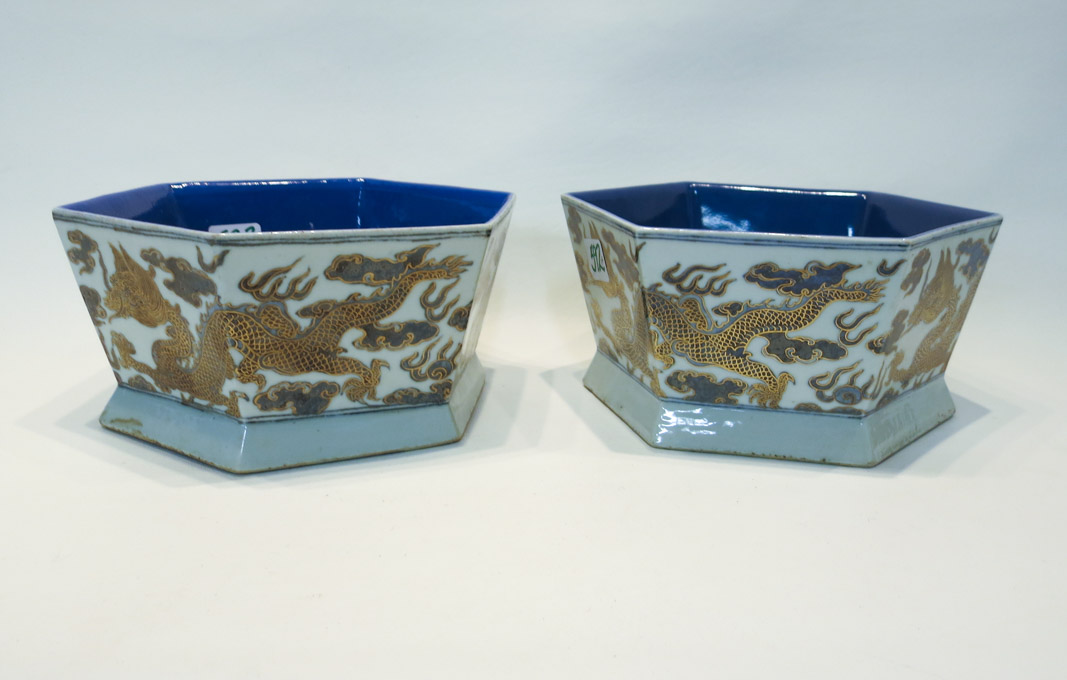 Appraisal: PAIR OF CHINESE PORCELAIN HEXAGONAL BOWLS with cobalt blue glazed