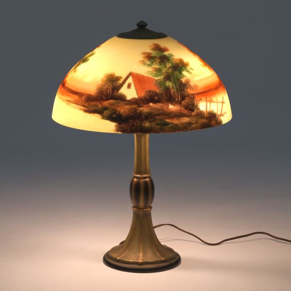 Appraisal: JEFFERSON SIGNED REVERSE PAINTED GLASS SCENIC LAMP WITH PATINATED METAL