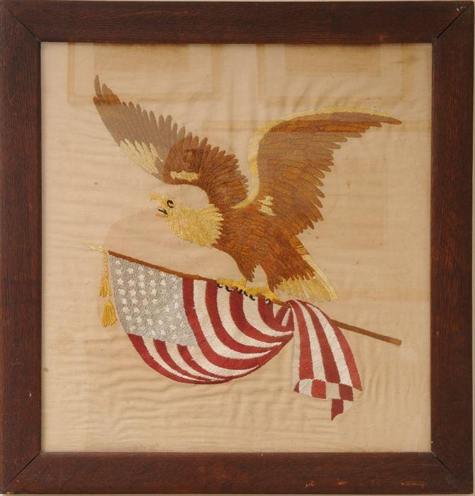 Appraisal: SILK NEEDLEWORK PICTURE AND A CARVED WOOD EAGLE FIGURE The