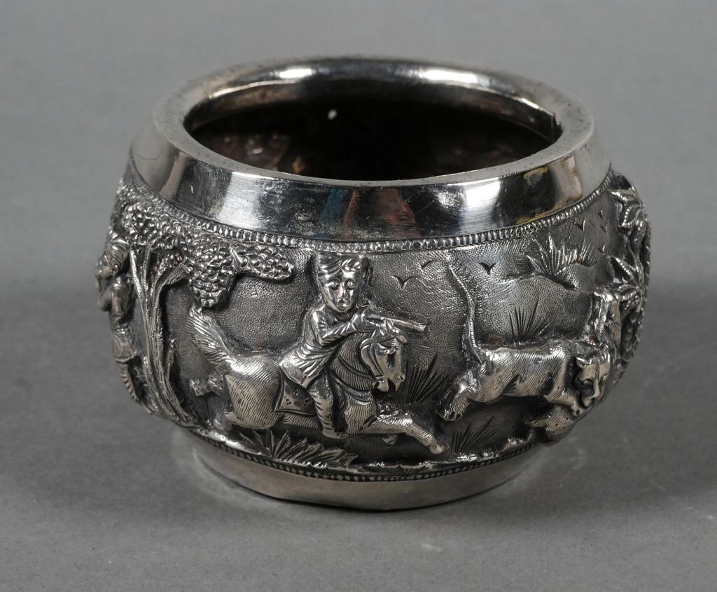 Appraisal: Antique high-relief repousse Burmese silver hand-chased vase or bowl with