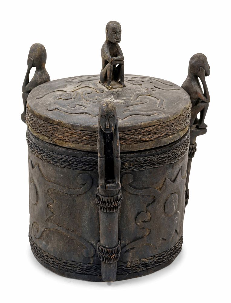 Appraisal: A Borneo Ceremonial Wood and Woven Wicker Lidded Pot A