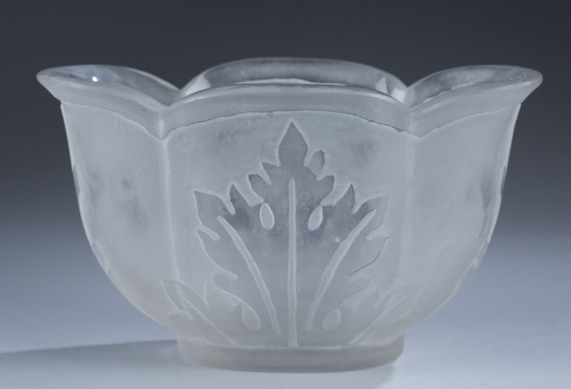 Appraisal: Signed Frosted Steuben Bowl with Leaf Motif H x W