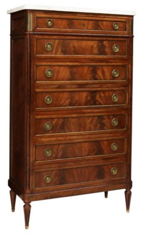 Appraisal: French Louis XVI style marble-top mahogany tall chest of drawers