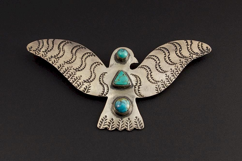 Appraisal: Sterling Silver Thunderbird Broach Harvey style Turquoise and Sterling Silver