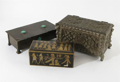 Appraisal: An Egyptian revival patinated metal box with hinged cover rectangular