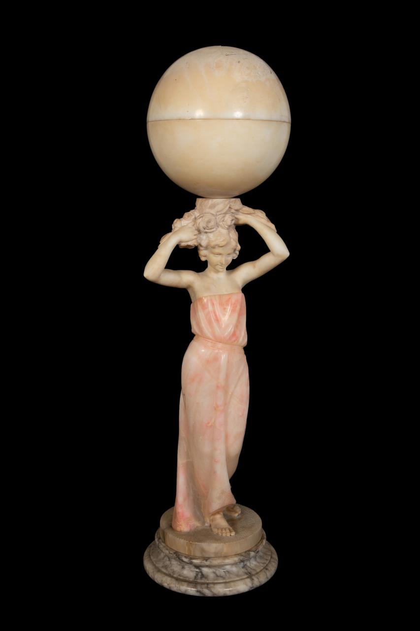 Appraisal: CARVED ALABASTER TABLE LAMP Carved alabaster table lamp circa executed