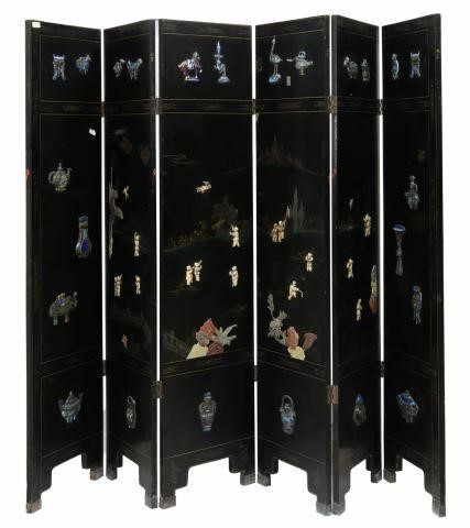 Appraisal: Chinese six-panel lacquered wood screen with applied cloisonne water buffalo