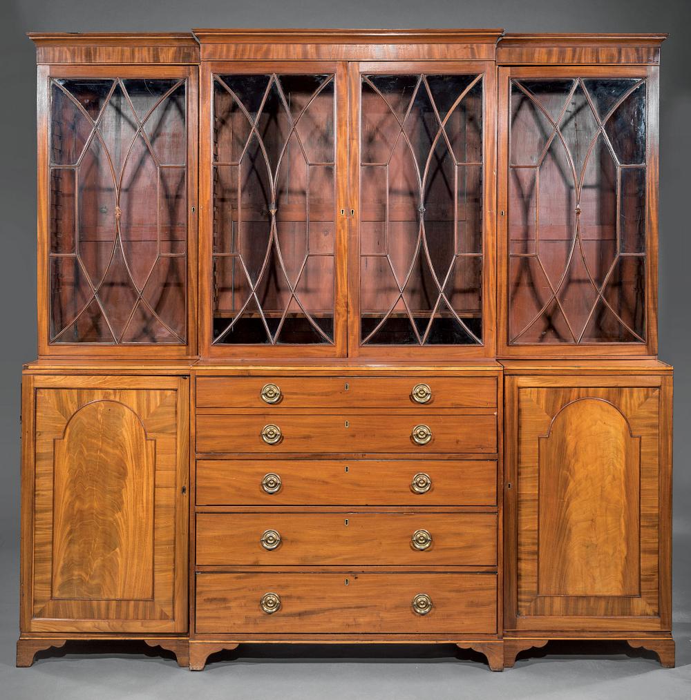 Appraisal: George III-Style Inlaid Mahogany Breakfront Secretary-Bookcase stepped cornice glazed doors