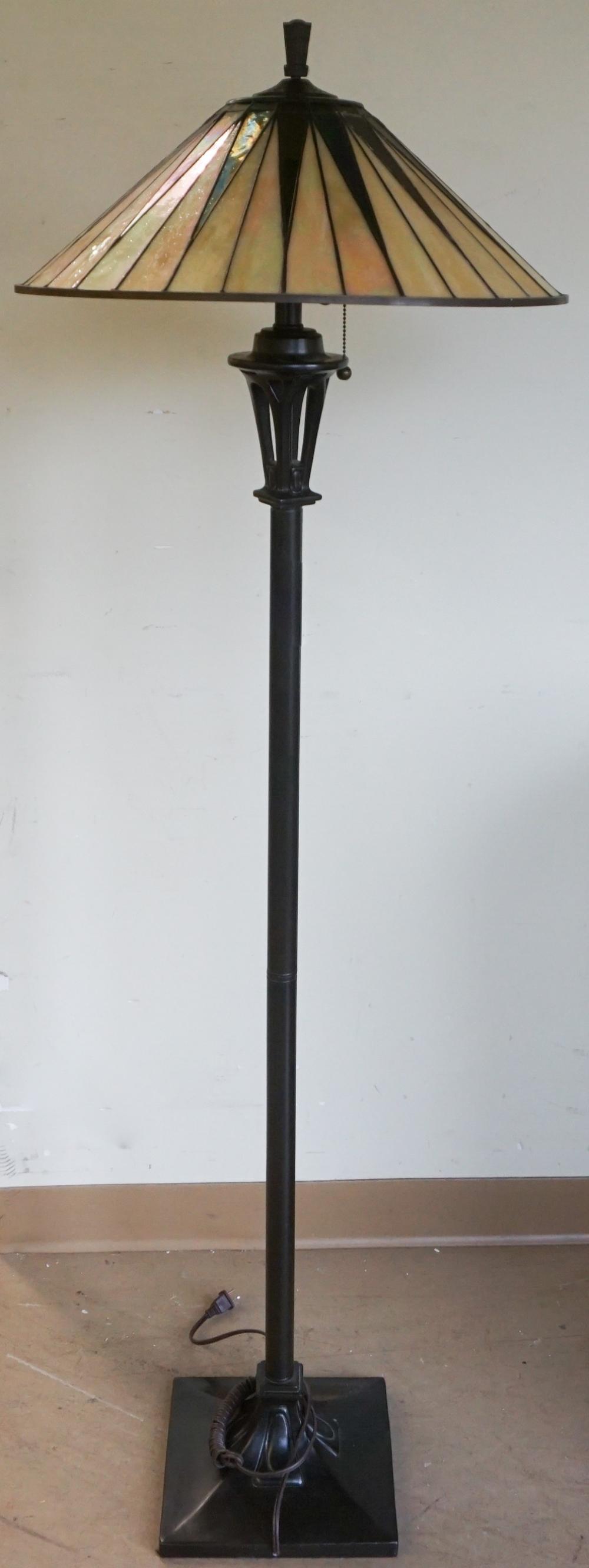 Appraisal: QUOIZEL GOTHAM COLLECTION PATINATED BRONZE FLOOR LAMP WITH LEADED GLASS