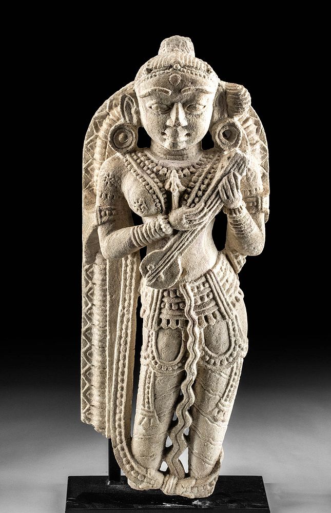 Appraisal: th C Indian Stone Statue Saraswati Playing Lute South Asia