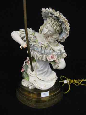 Appraisal: Corday Figural Porcelain Lamp lady with flowers elaborate lace trim