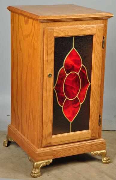 Appraisal: Oak Slot Machine Stand Description Metal feet and stained glass