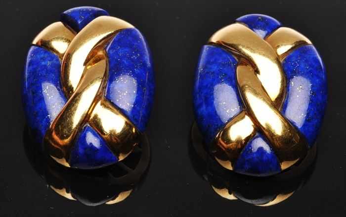 Appraisal: PAIR OF GOLD AND LAPIS OVAL CLIP EARRINGS Stamped Turi