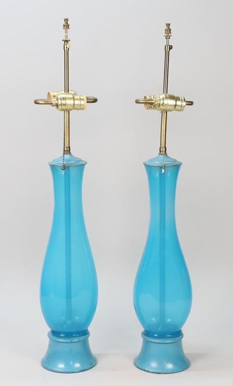 Appraisal: Pair of Murano style blue glass lamps with metal caps