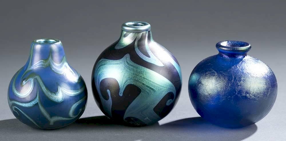 Appraisal: Group of Mark Peiser iridescent glass vases A group of