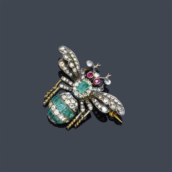 Appraisal: EMERALD RUBY AND DIAMOND BROOCH Moscow ca Silver and pink