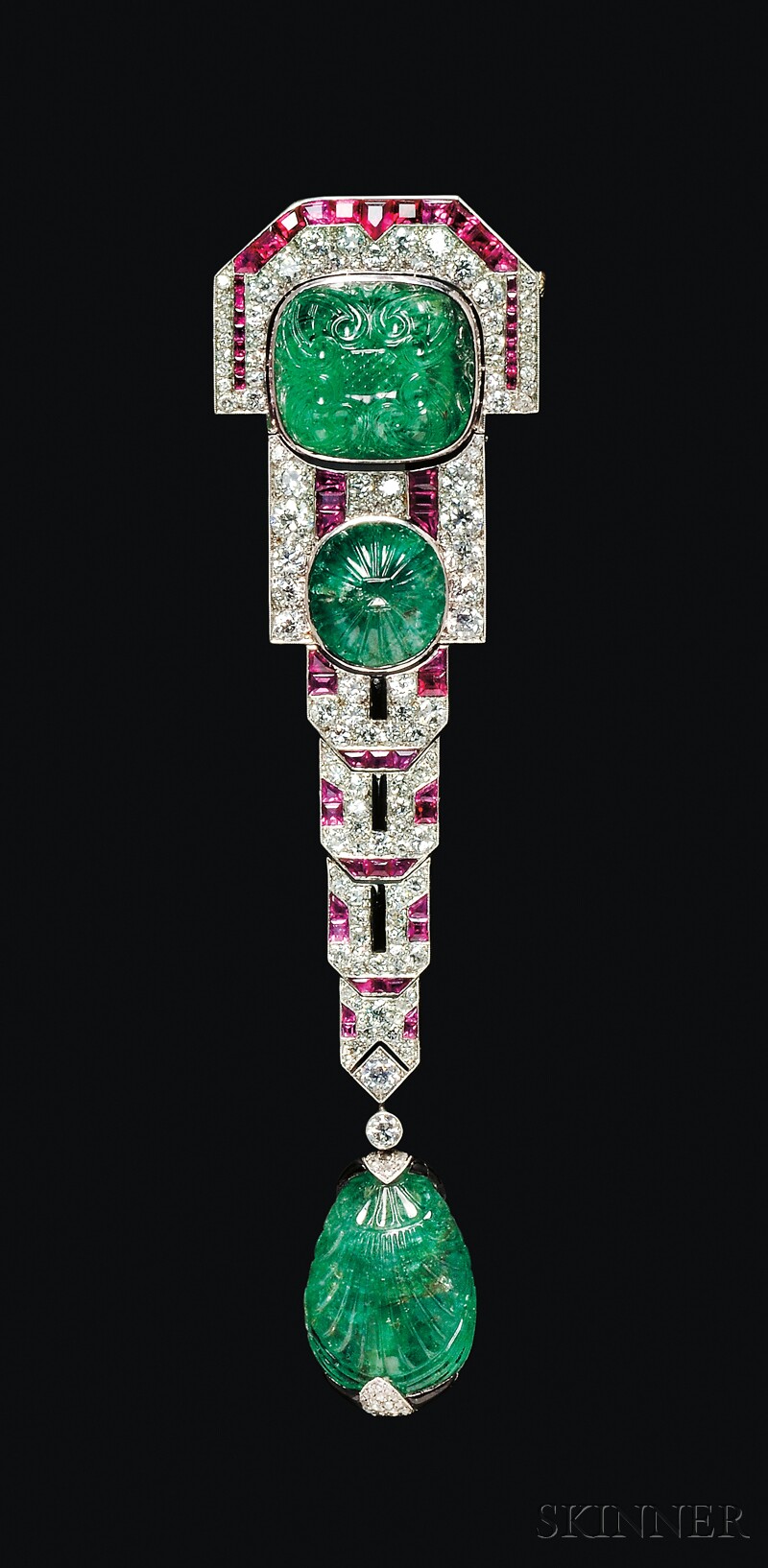 Appraisal: Fine Art Deco Carved Emerald Ruby and Diamond Pendant Brooch